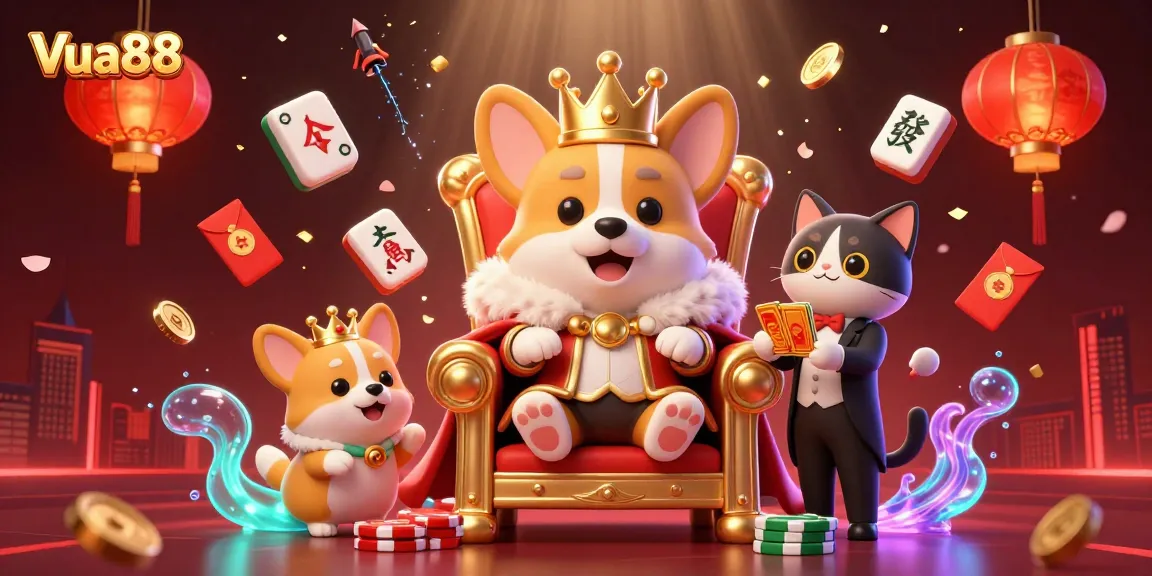 Join Vua88 for exciting betting experiences, featuring a royal corgi surrounded by vibrant casino elements.