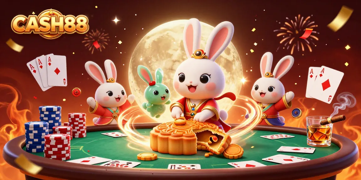 Play poker and win big with CASH88 in a vibrant 3D lunar casino scene featuring folklore characters.