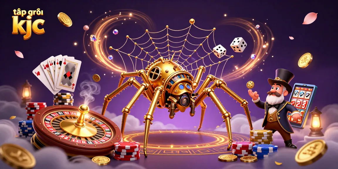Engage with the vibrant world of tập đoàn kjc, featuring a steampunk spider and golden coins in this lively casino scene.