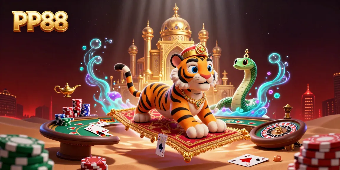 Play exciting casino games with PP88's vivid 3D illustration of a sultan and game elements.