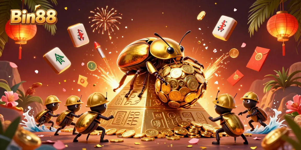 Spin the reels with Bin88 in this vibrant casino scene featuring golden beetles and lucky symbols.
