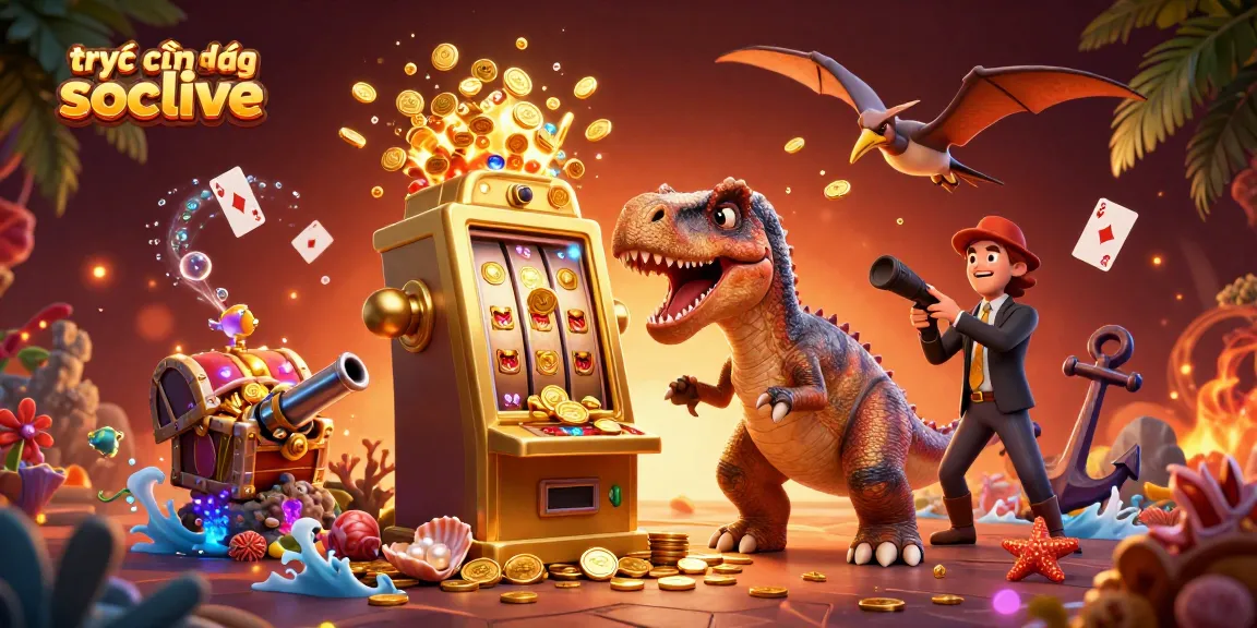 Engaging scene of trực tiếp bóng đá socolive with a dinosaur and golden coins, showcasing dynamic gaming action.