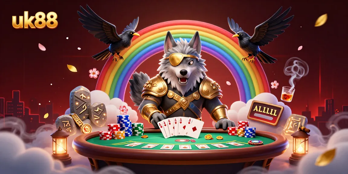Experience the thrill of gaming with uk88's vibrant 3D casino illustration showcasing poker action and Norse mythology.