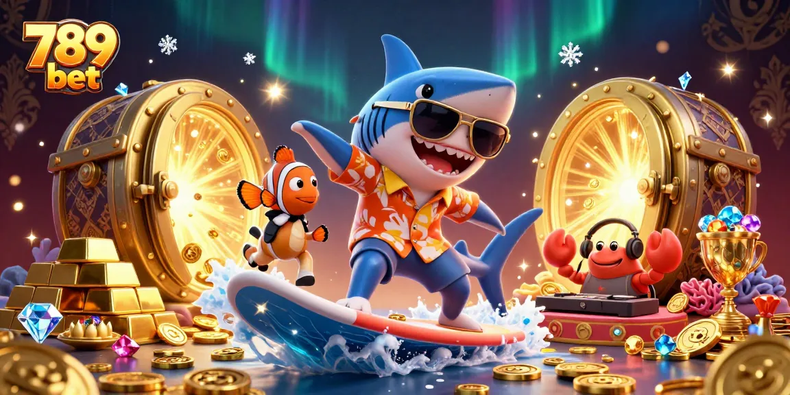 Surfing shark celebrates the world of 789 bet with golden coins and gem-filled treasures.