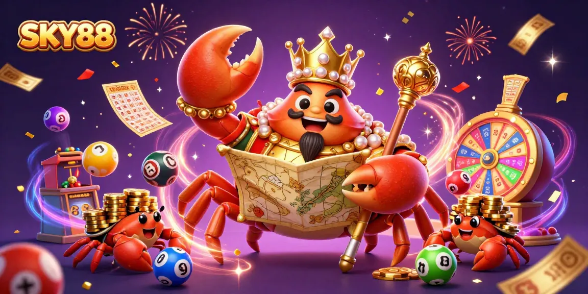 SKY88 showcases an emperor crab and vibrant casino elements for exciting online gambling.