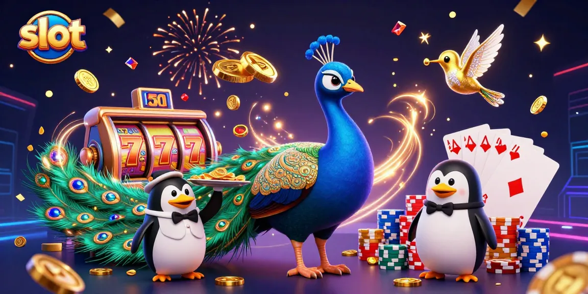 Experience thrilling slot spins with a vibrant peacock, butler, and hummingbird in a rich casino scene.