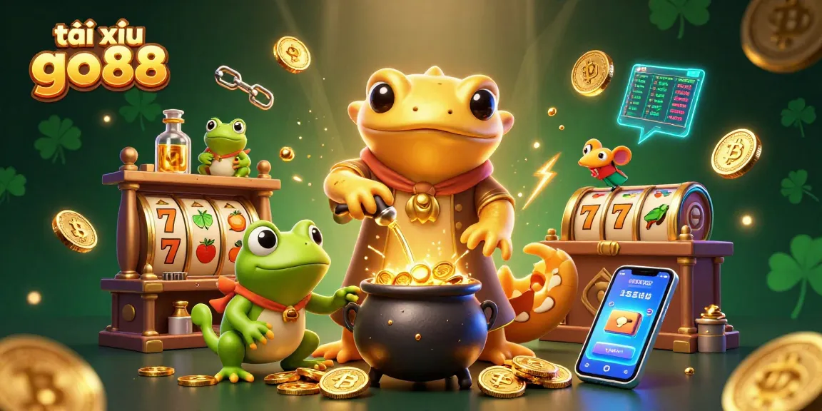 Tài xỉu go88 showcases a vibrant 3D scene with golden alchemist characters transforming base metals into gold amidst exciting casino elements.