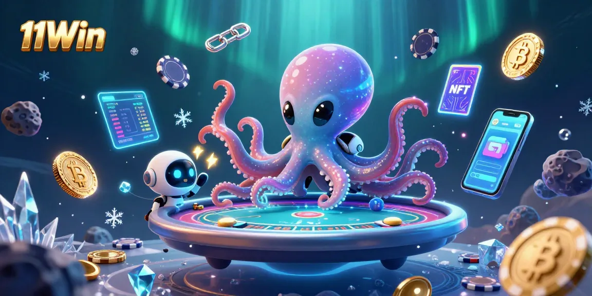 Play poker with 11Win's alien octopus and robot in a vibrant cosmic casino!