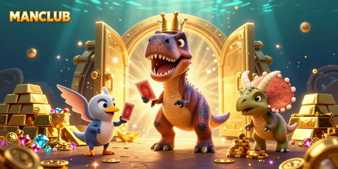 Embrace excitement at MANCLUB, featuring a fun T-Rex and friends playing cards amidst overflowing treasures.