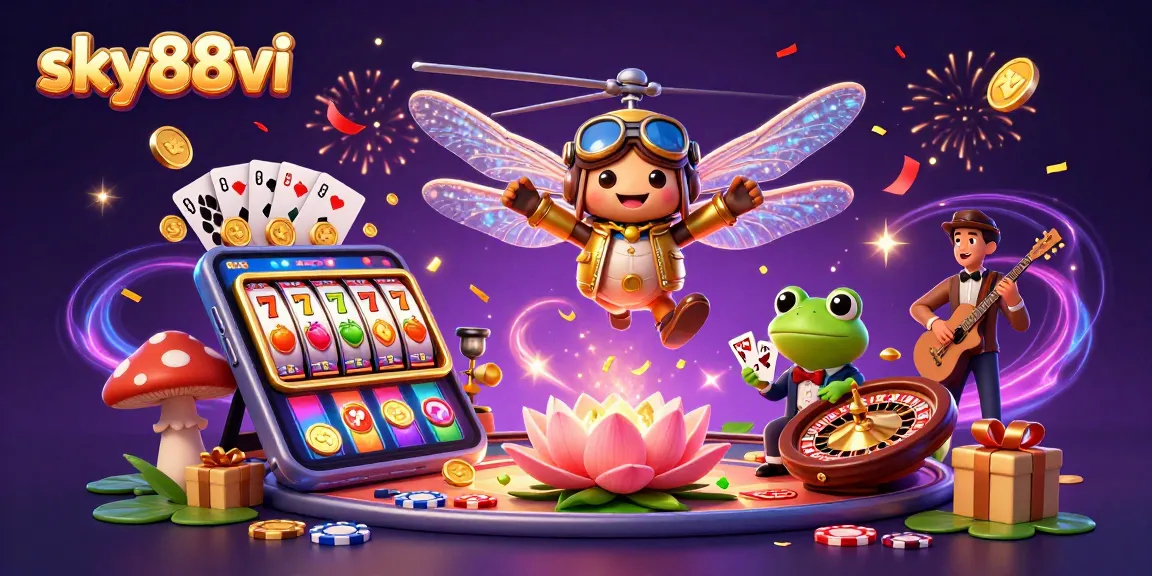 Sky88vi's vibrant 3D scene showcases a dragonfly pilot and a frog croupier amidst a lively casino atmosphere.