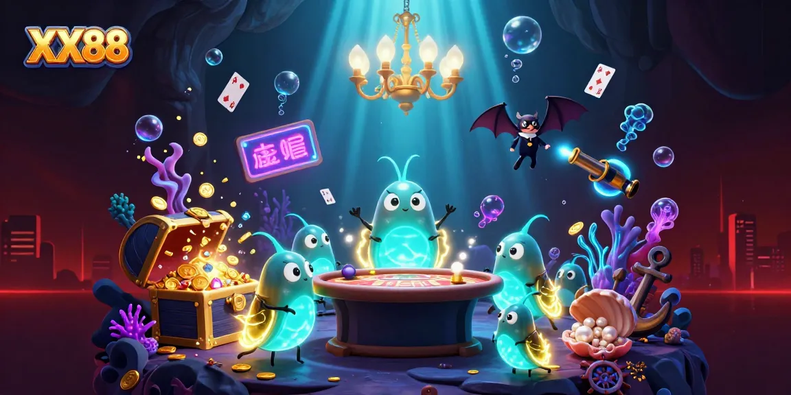 Experience the vibrant energy of XX88 with glowing worm dealers in a lively cave casino atmosphere.
