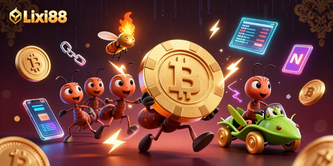 Lixi88 showcases a vibrant heist scene with cartoon ants and crypto elements, embodying thrill and adventure.