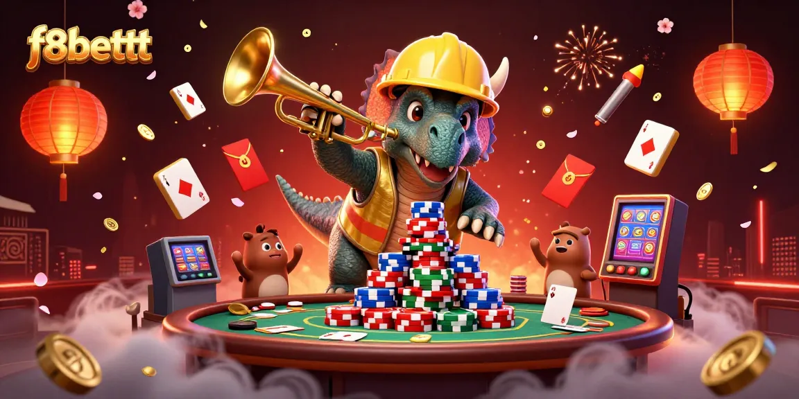 Celebrate wins at f8bettt while a triceratops builds a poker chip pyramid!