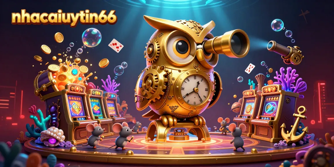 Experience thrilling moments at nhacaiuytin66 with a vibrant casino scene showcasing a golden owl and lively characters.