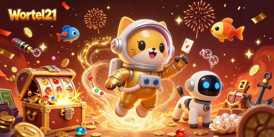 Engage with Wortel21's immersive casino adventure featuring a golden astronaut cat, robot dog, and dynamic gaming elements.
