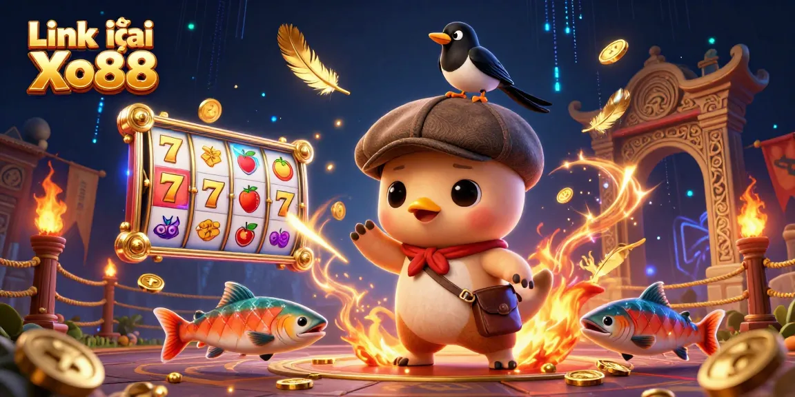 Link vào Xo88 animated scene showcasing colorful slot game elements and characters amidst dynamic effects.