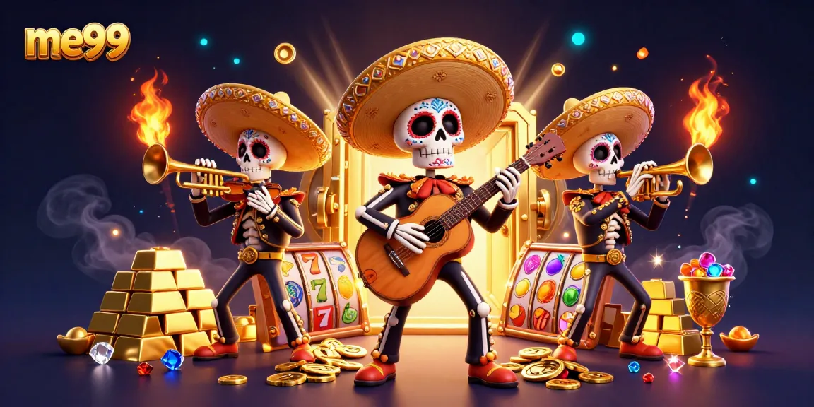 Engage with thrilling jackpots at me99 with a vibrant 3D casino illustration featuring a lively mariachi band.