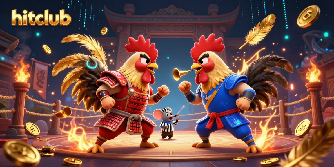 Engage with hitclub as cartoon roosters clash in an epic gambling showdown featuring colorful arena elements.