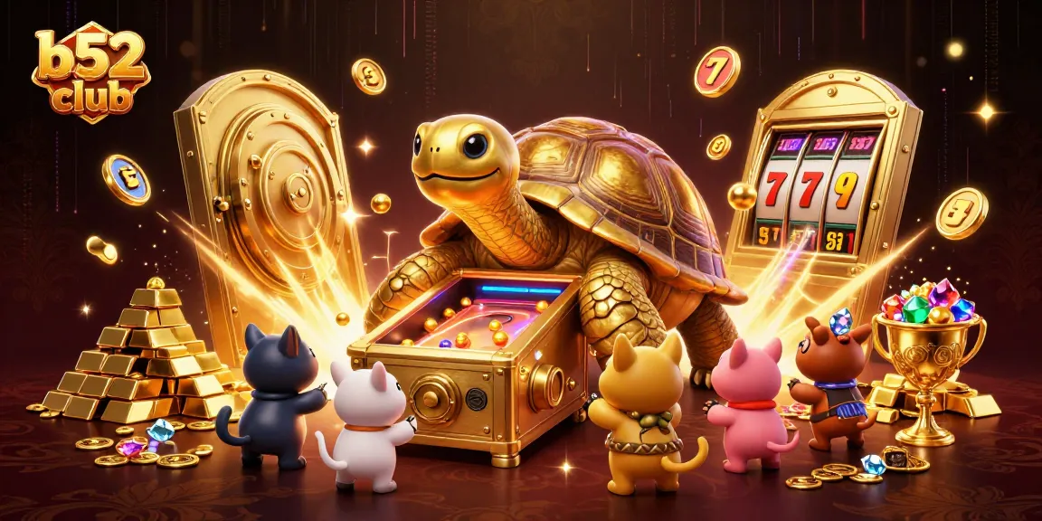 The b52 club features an exciting golden tortoise pinball machine amid sparkling slots and treasures.