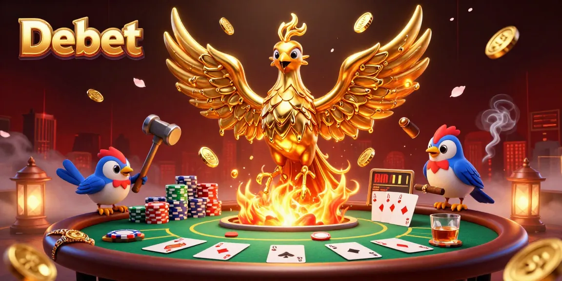 Experience thrilling poker action with Debet as a golden phoenix emerges amidst vibrant casino elements.