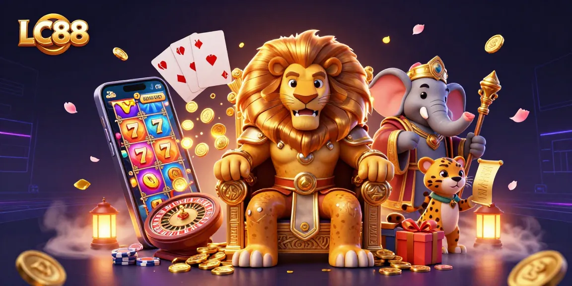 Experience thrilling gaming adventures at LC88 with a vibrant illustration featuring a lion king and friends amidst slot games and coins.