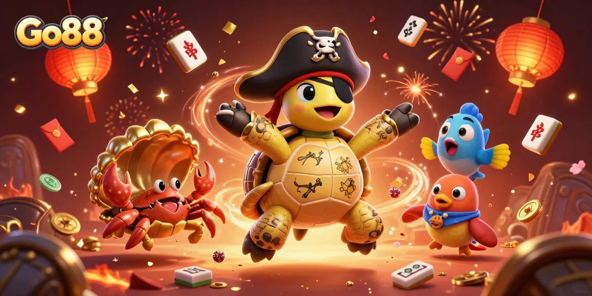 Experience thrilling wins with Go88 as a colorful pirate turtle leads the way through treasure and festive casino elements.
