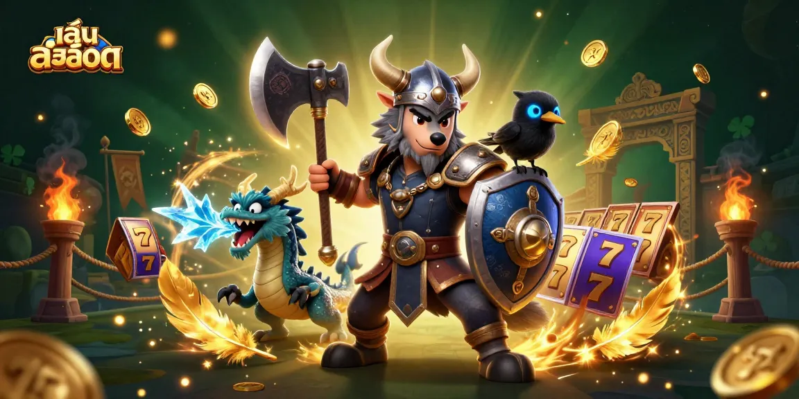Play สล็อต with exciting 3D Viking warriors and dynamic gaming elements in a vibrant scene.