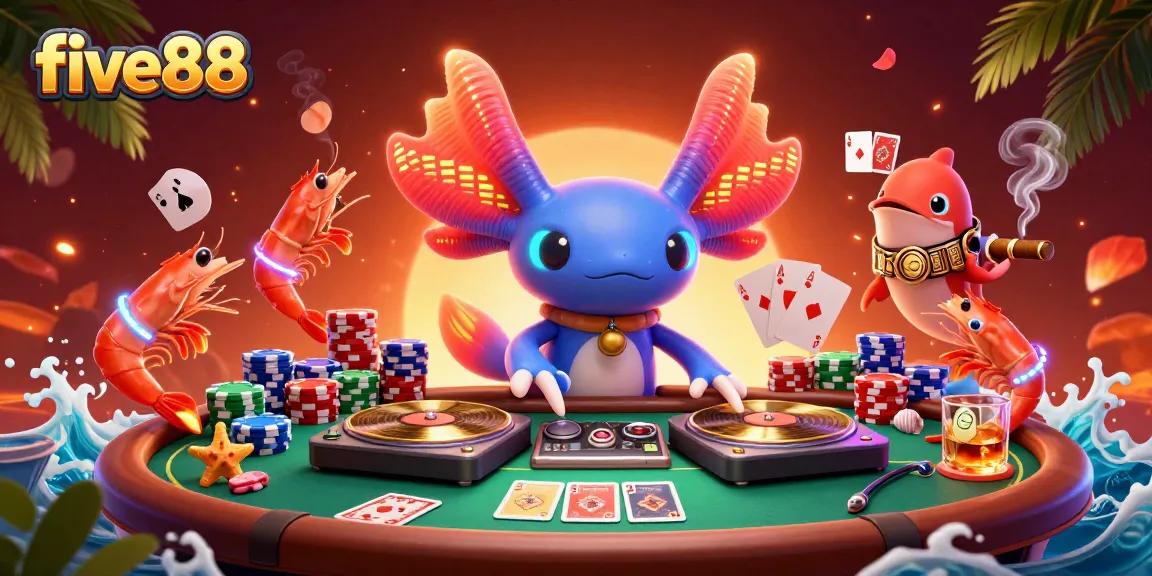 Experience five88's vibrant gaming scene as an axolotl DJ spins at a lively casino event.