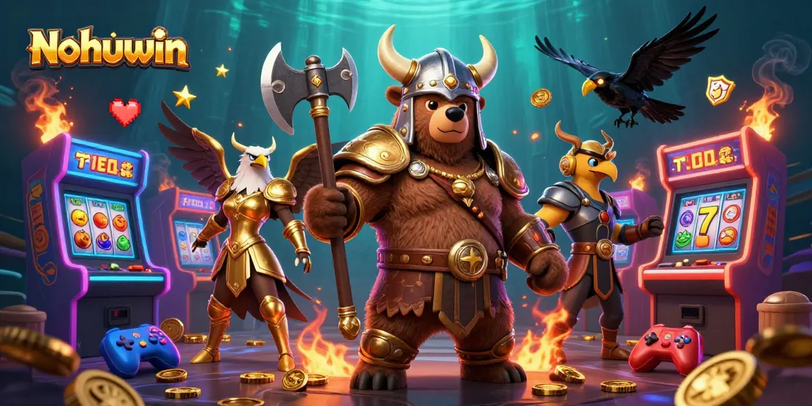 Nohuwin showcases thrilling slot gaming action with Viking characters amidst vibrant casino elements.