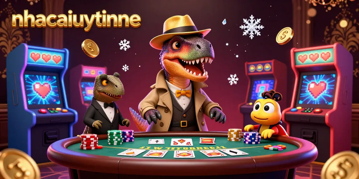 Place your bets at nhacaiuytinne's vibrant casino scene where cartoon velociraptors counter cards.