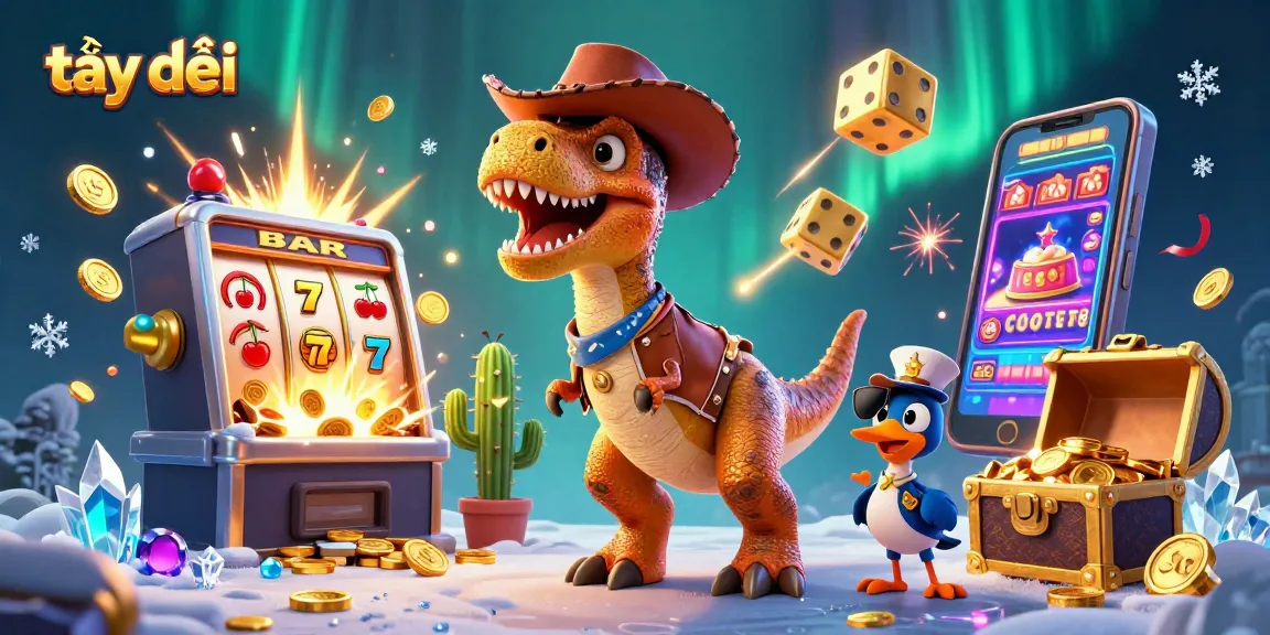 Experience the excitement of gaming at đây with a dynamic scene featuring cartoon characters and casino elements.