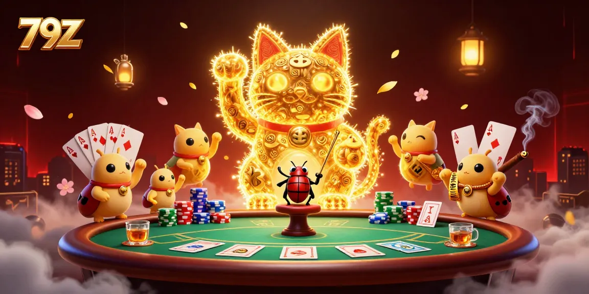 Experience the excitement of 79Z with a vibrant lucky cat and dynamic casino elements.