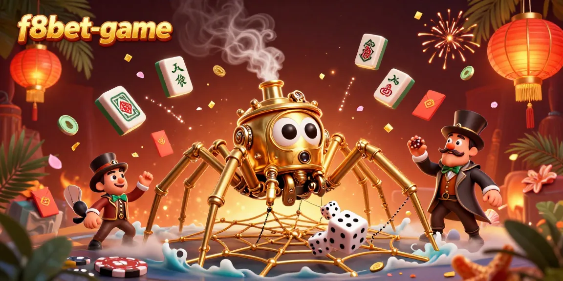 Engage in vibrant gaming action with f8bet-game, showcasing a steampunk spider capturing dice amidst glowing casino symbols.
