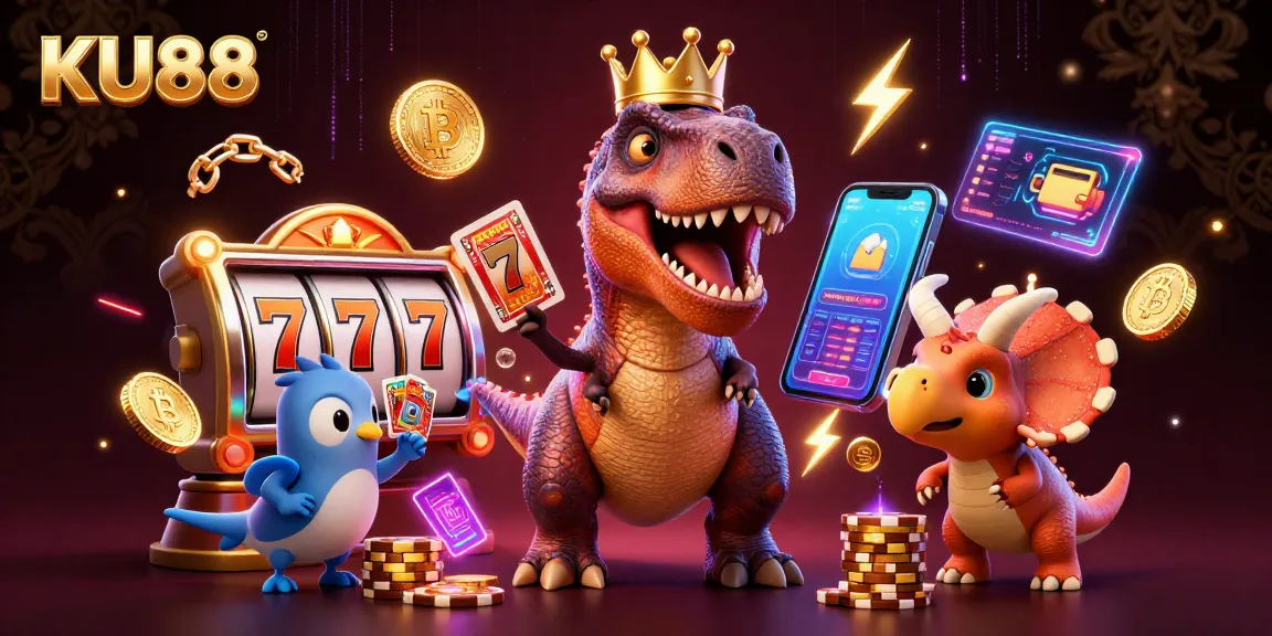 KU88: Engage in thrilling card games with a cartoon dinosaur trio in a vibrant casino atmosphere.