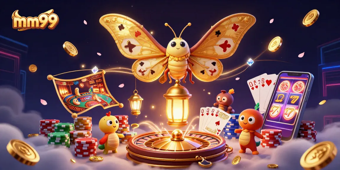 Experience the excitement of winning at mm99 with this vibrant casino scene featuring a moth and golden elements.