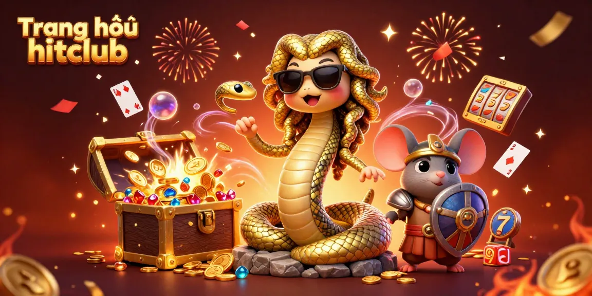 Experience the vibrant world of Trang chủ hitclub with Medusa and a warrior mouse, surrounded by casino riches and floating cards.