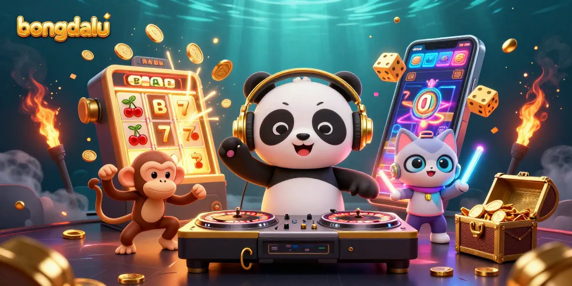 Experience bongdalu's thrilling atmosphere with DJ panda, dancing monkey, and kitten amidst vibrant casino elements.