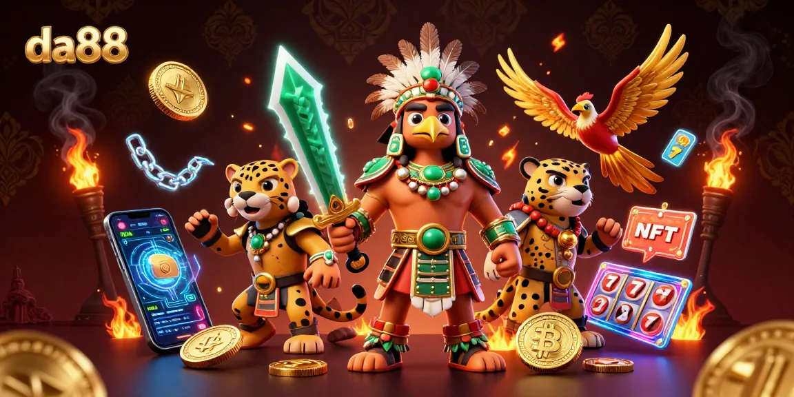 Engage with da88's vibrant casino scene filled with Aztec warriors, lively slot reels, and cryptocurrency elements.