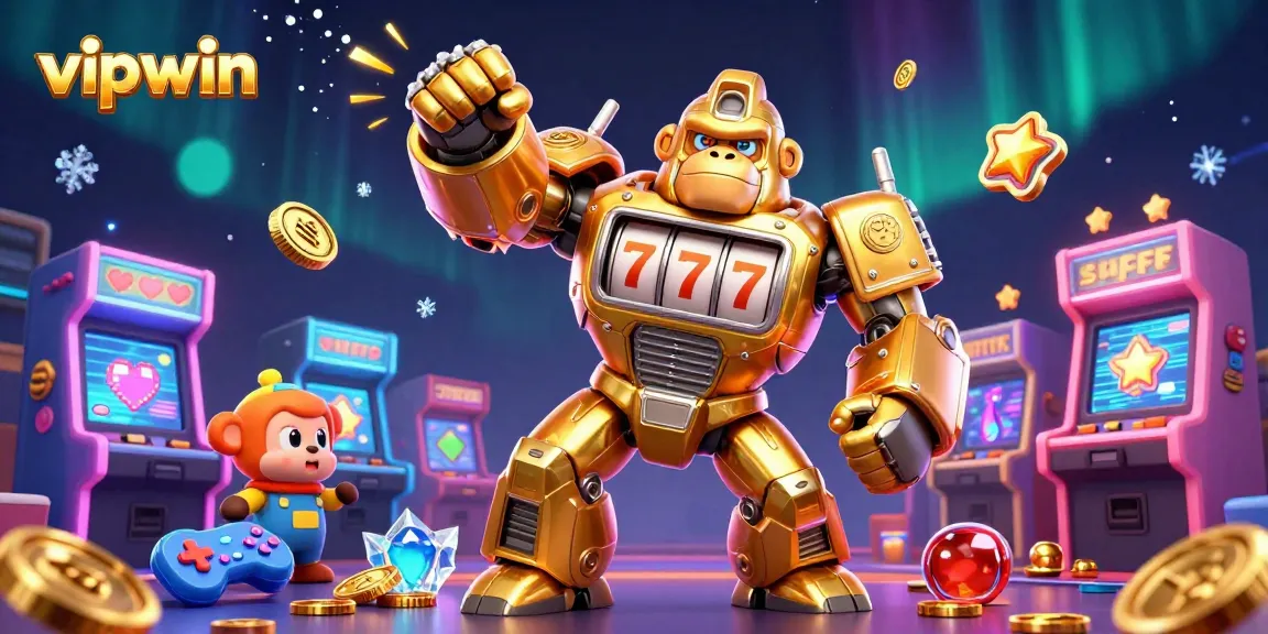 Experience the excitement of vipwin with the golden gorilla mech in a vibrant casino game scene.