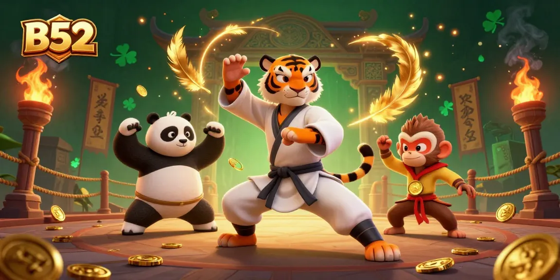 B52 engages players with a dynamic scene featuring a kung fu tiger master, golden betting tokens, and fluttering flames.