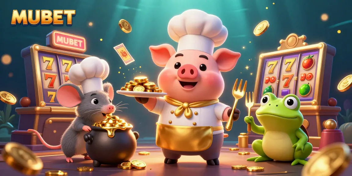 MUBET showcases a vibrant scene with a chef pig and characters amid stacks of gold coins and slot machines.