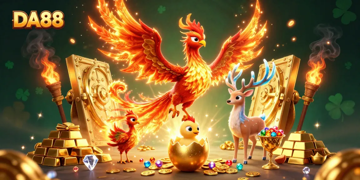 Experience winning with DA88 in a vibrant casino scene featuring treasures and mystical creatures.