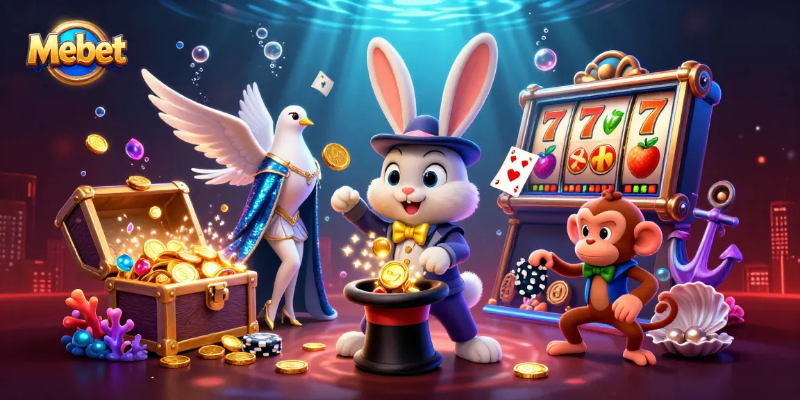 Mebet features a magician rabbit pulling coins, complemented with vibrant slots and rich casino elements.