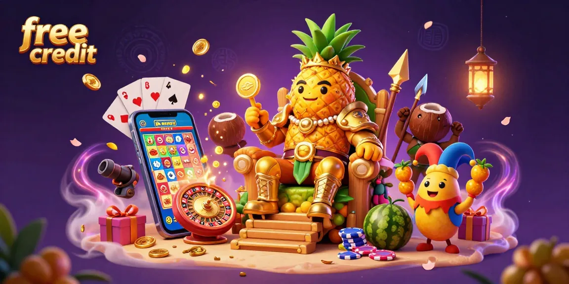 Engage with free credit bonuses while experiencing a vibrant casino scene with animated characters and game elements.