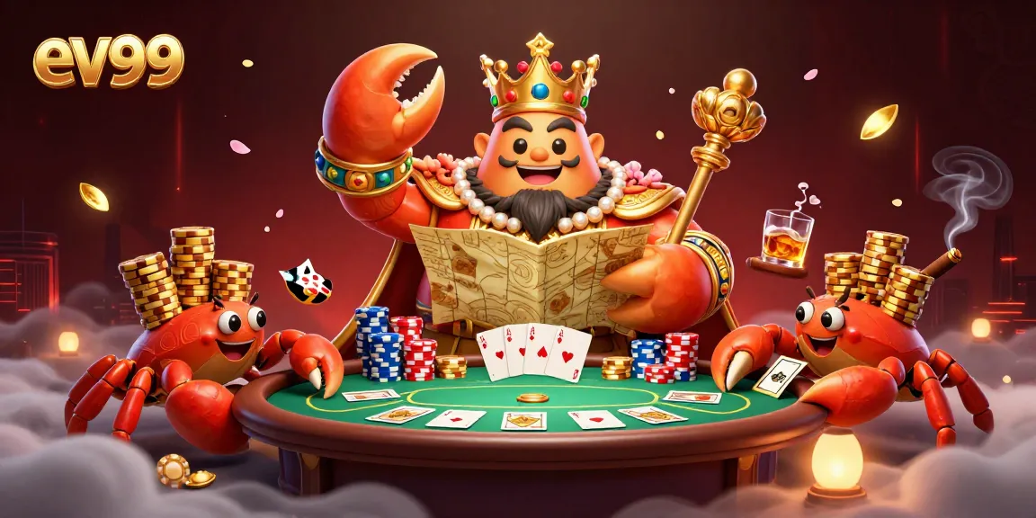 Experience thrilling gameplay at ev99 with a golden crab emperor and poker table surrounded by vibrant elements.