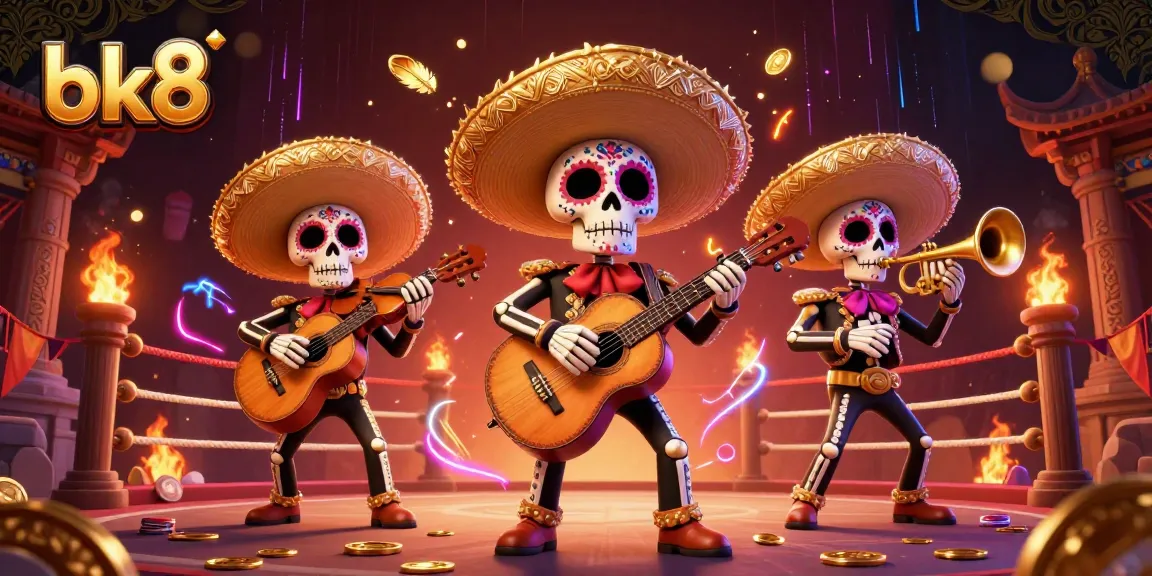 Experience bk8's vibrant casino action with a 3D mariachi skeleton band amidst a dynamic gaming environment.