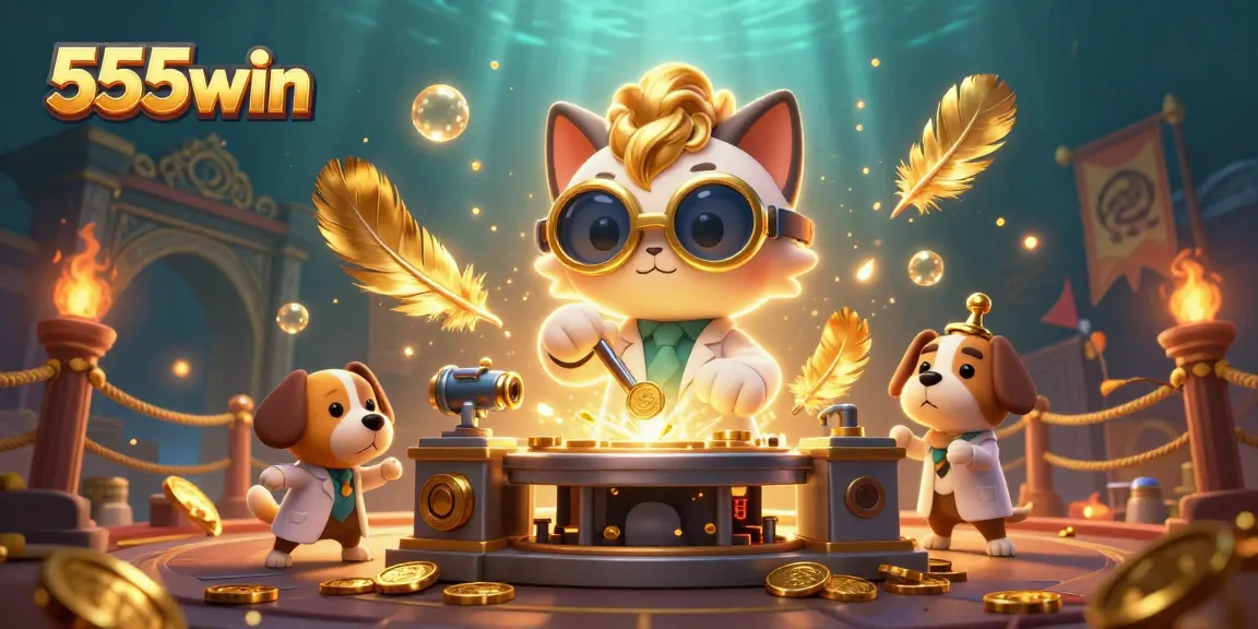 Experience thrilling 555win adventures in a vibrant 3D casino world featuring mad scientists and gold coins.