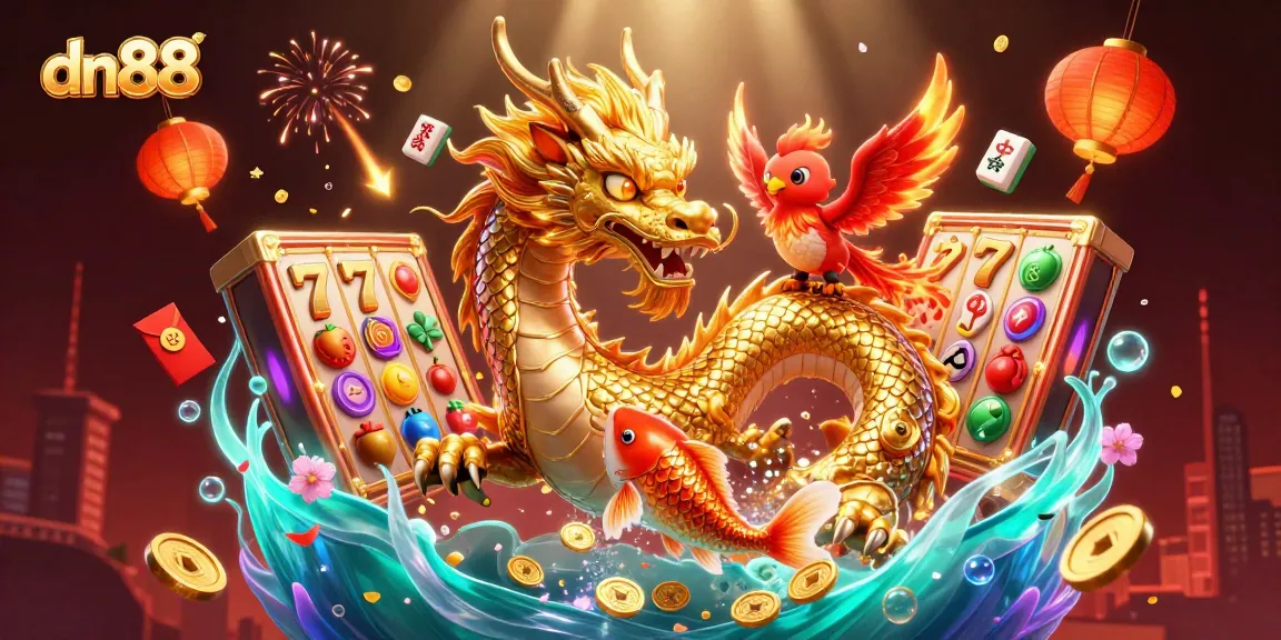 Win big at dn88 with a fierce dragon, lucky coins, and vibrant 3D casino elements.