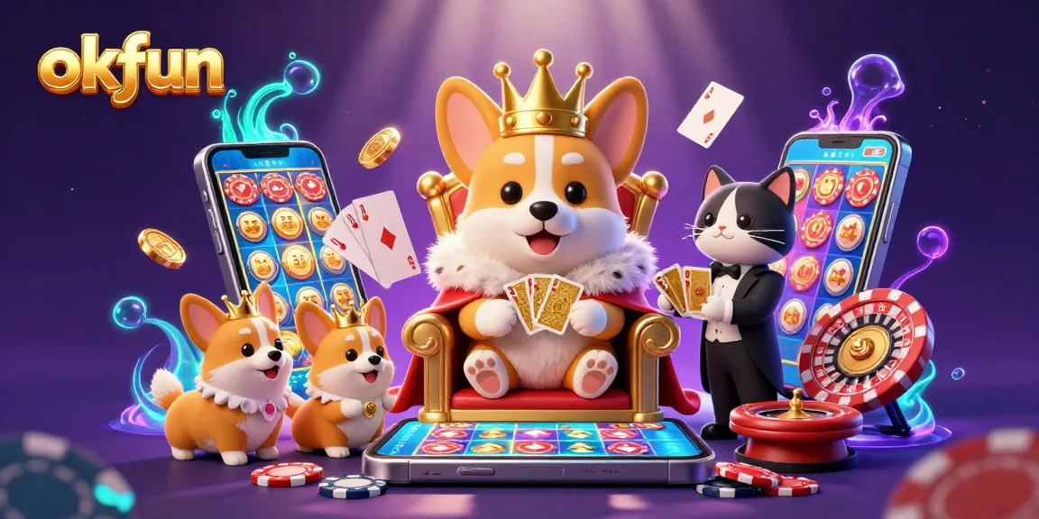Experience the thrill of online gaming with okfun's vibrant 3D illustration showcasing royal corgis in a rich casino scene.