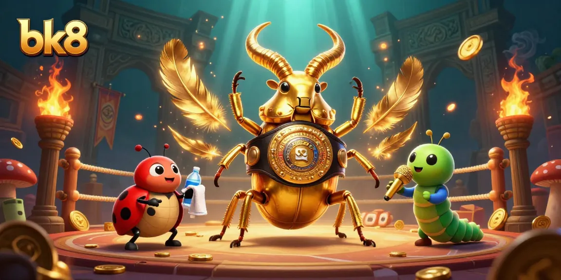 Engage in thrilling bk8 betting with the giant golden beetle champion in a dynamic casino fight scene.